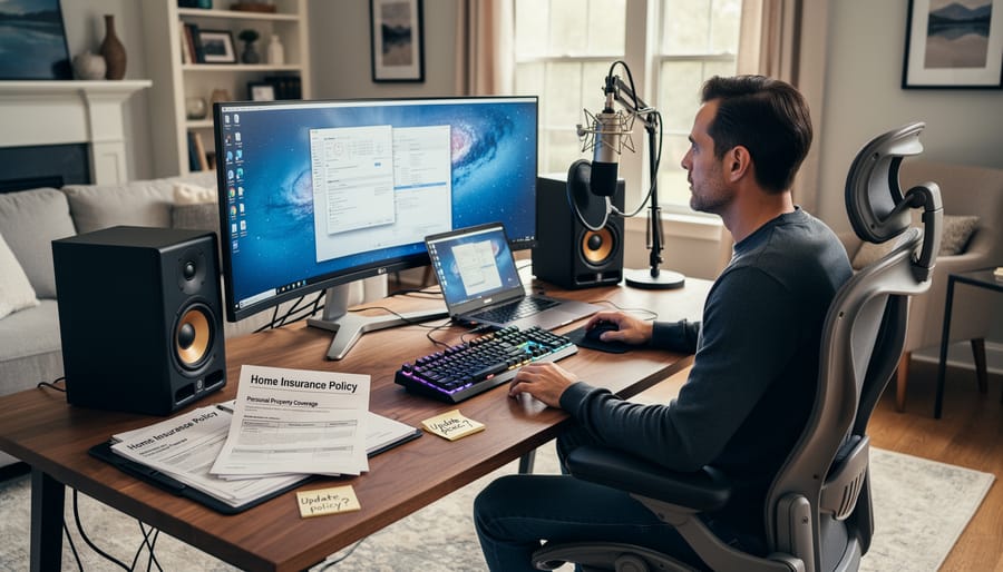 Modern home office setup with multiple monitors and professional equipment in converted bedroom space