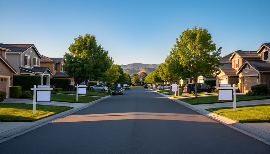 Eye-level wide shot of a suburban street with several single-family homes and multiple blank real estate yard signs, photographed at golden hour with deep focus and receding houses, trees, and distant hills.