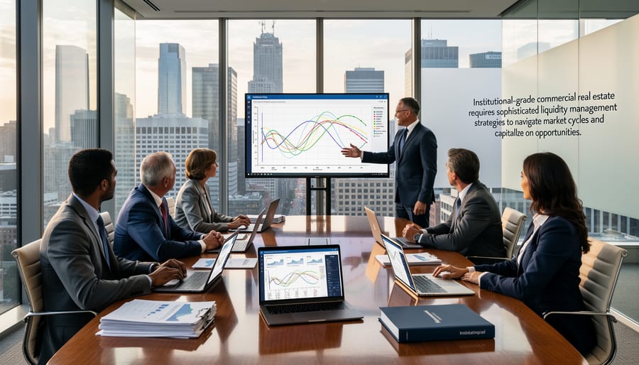 Modern commercial office building with reflective glass facade representing institutional real estate assets