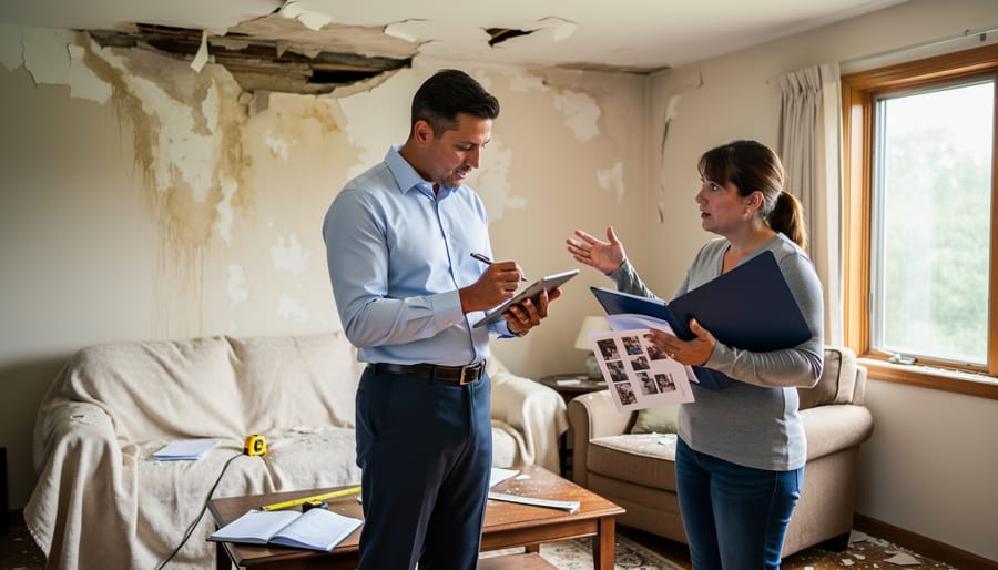 Insurance adjuster and homeowner inspecting property damage together with documentation tools
