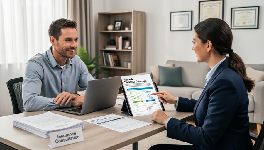 Insurance agent consulting with homeowner client while reviewing policy documents and coverage options