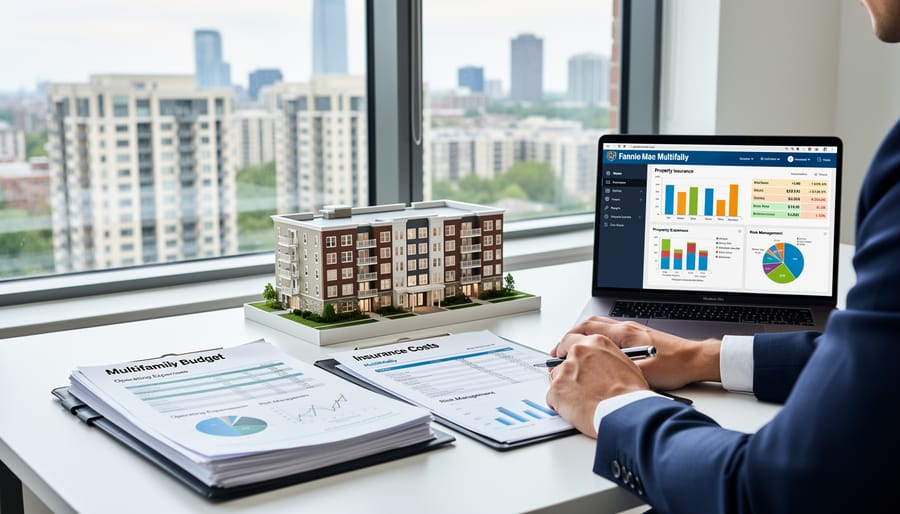 Property manager calculating insurance costs and reviewing financial documents at desk
