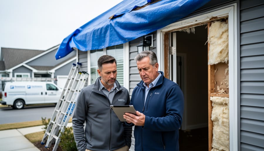 Insurance investigator with tablet and homeowner examining a storm-damaged suburban house with a roof tarp, standing at the doorway; overcast daylight with neighborhood and repair equipment softly blurred in the background.