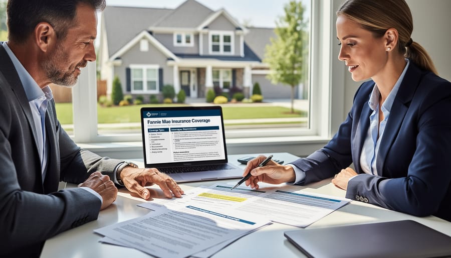 Business professional reviewing insurance policy documents and property paperwork
