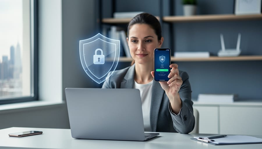 Remote insurance worker in a home office approving multi-factor authentication on a smartphone beside an open laptop with a subtle lock hologram, soft window daylight, and a blurred modern workspace in the background.