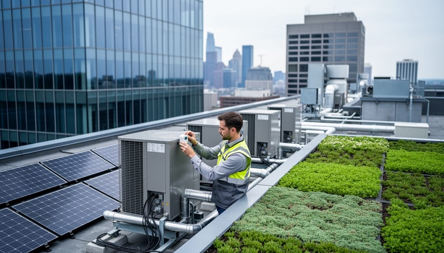 Engineer installing an IoT sensor on rooftop HVAC units next to solar panels and a green roof on a glass office tower, with a blurred city skyline in soft overcast light.