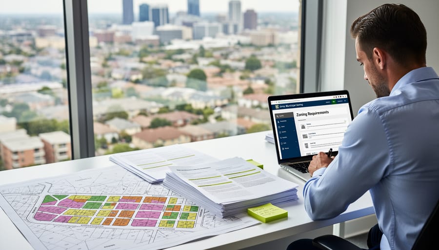 Architectural plans and property documents on desk with house model