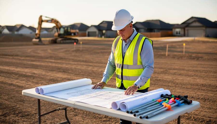 Real estate developer in a hard hat reviewing site plans at a vacant lot with survey stakes and a blurred excavator in late-afternoon light.