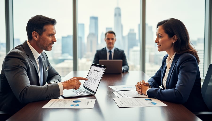 Homeowner consulting with attorney about insurance claim dispute in professional office setting
