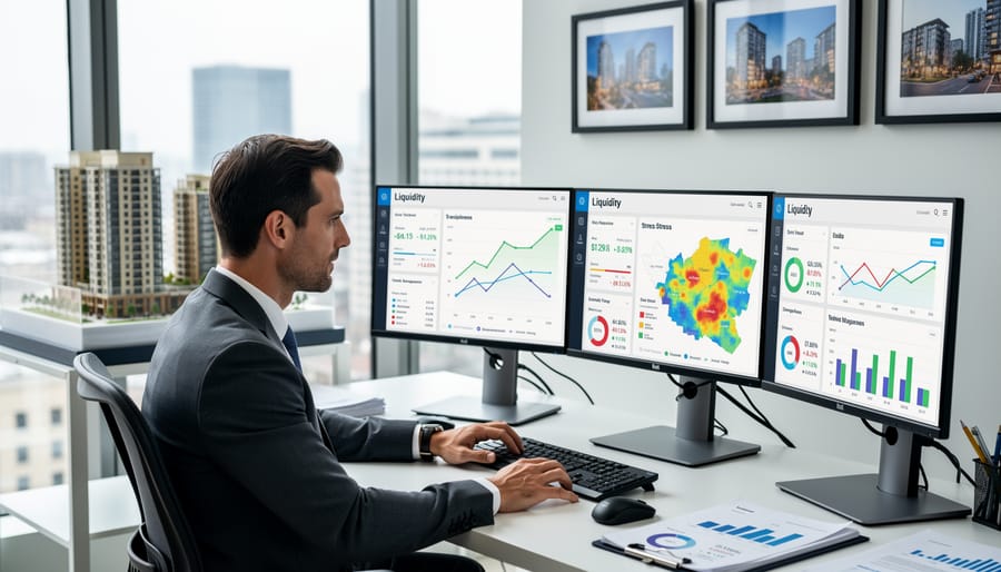 Business professional analyzing financial documents and metrics at desk
