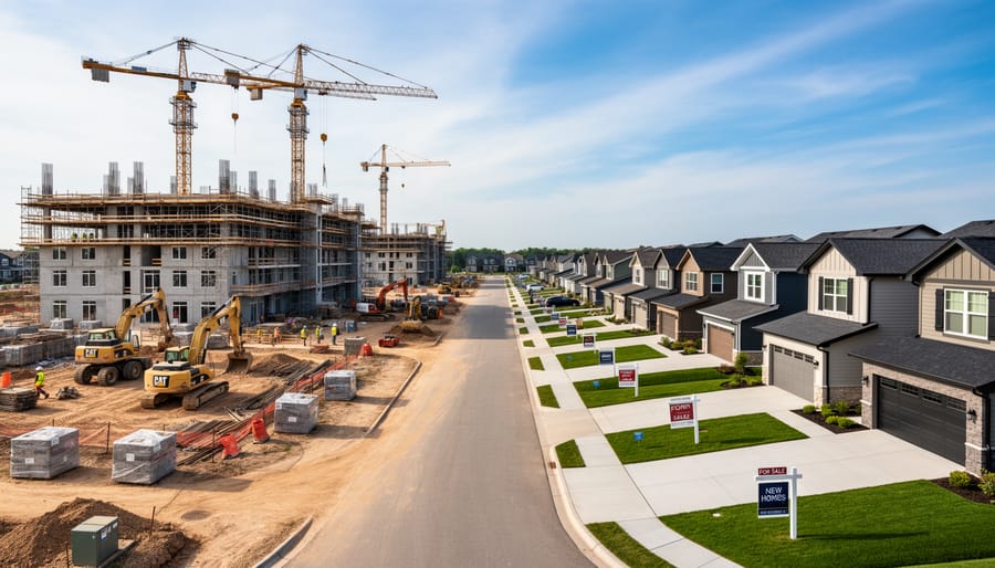 New home construction site showing wooden frame structure with workers