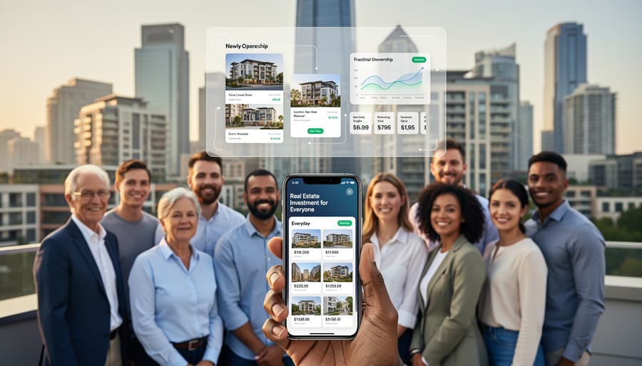 Diverse group of everyday investors standing in front of modern mixed-use real estate property