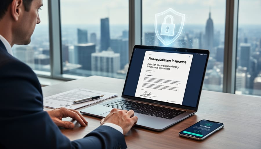 Insurance documents and digital security dashboard representing transaction protection