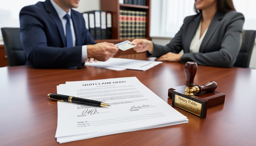 Notary seal being applied to legal property transfer document