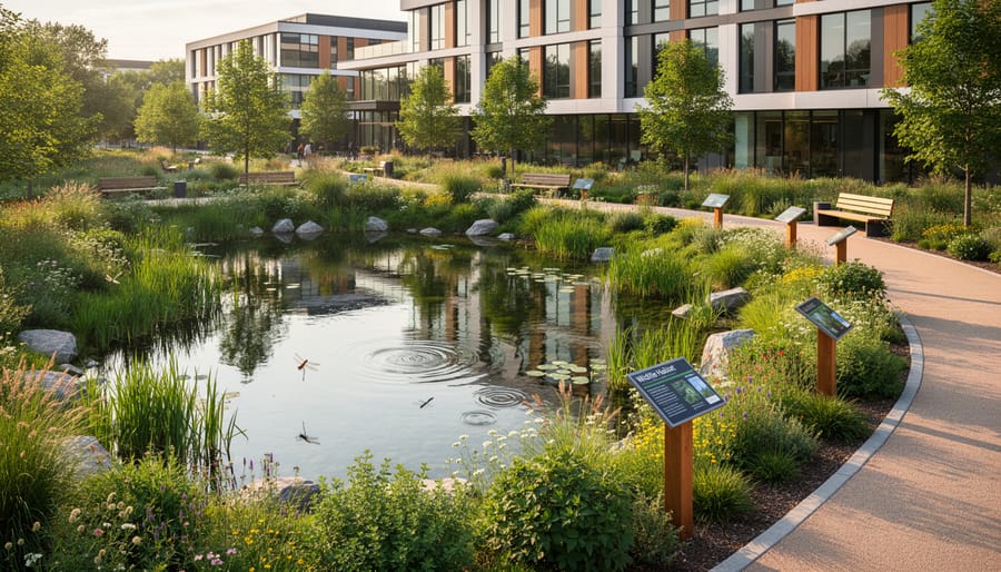Wildlife pond with native plants and wildflowers at edge of modern commercial development