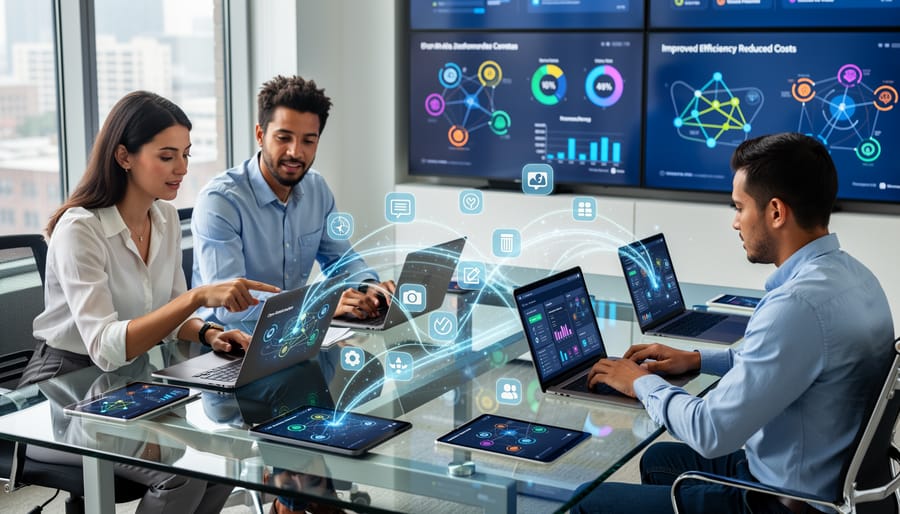 Business team successfully collaborating with interconnected technology systems