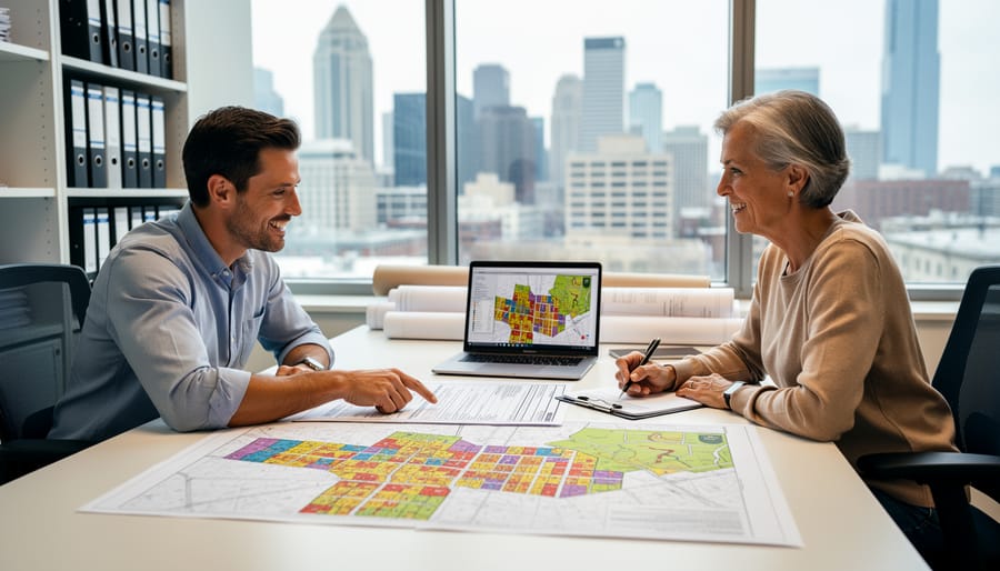 Property owner consulting with city planning official at municipal office