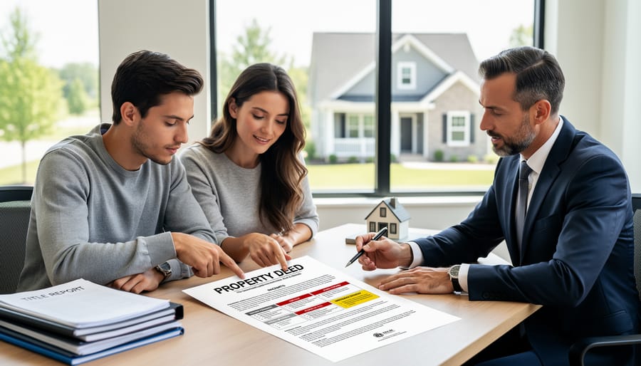 Property deed document with house key and architectural model on wooden desk