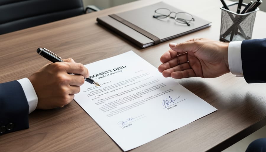 Official property deed document with fountain pen on wooden desk in law office
