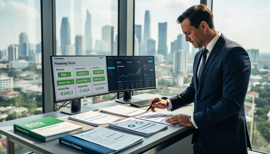 Business professional reviewing property energy reports and financial documents at desk