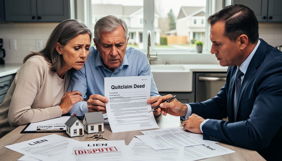 Concerned couple reviewing legal property documents at home