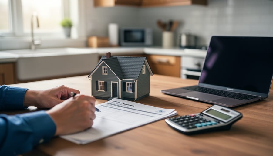 Homeowner’s hands reviewing property tax documents with a calculator and a small house model on a kitchen table, soft daylight and a blurred kitchen with a laptop in the background.