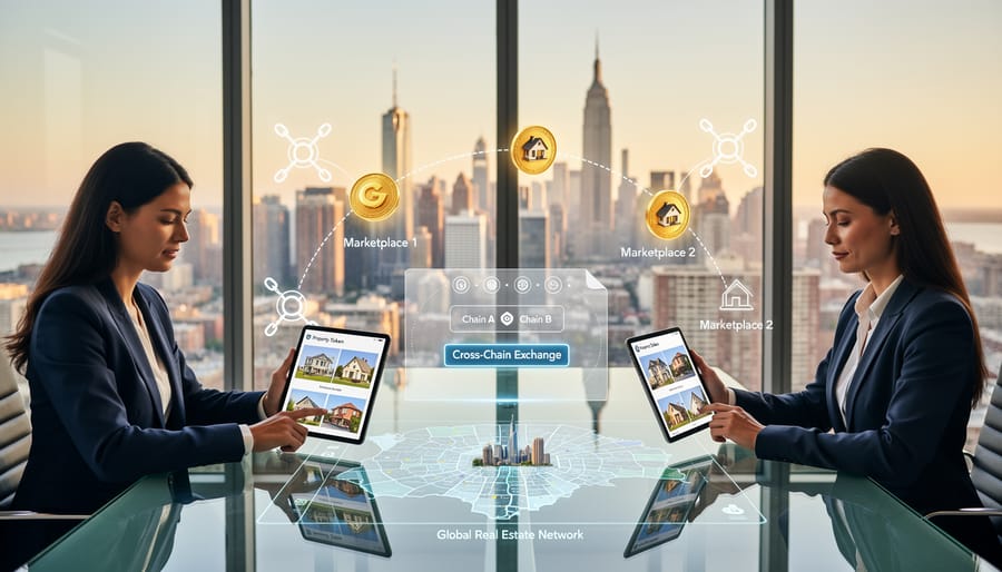 Hands exchanging property keys over table with international currency representing cross-border real estate transactions