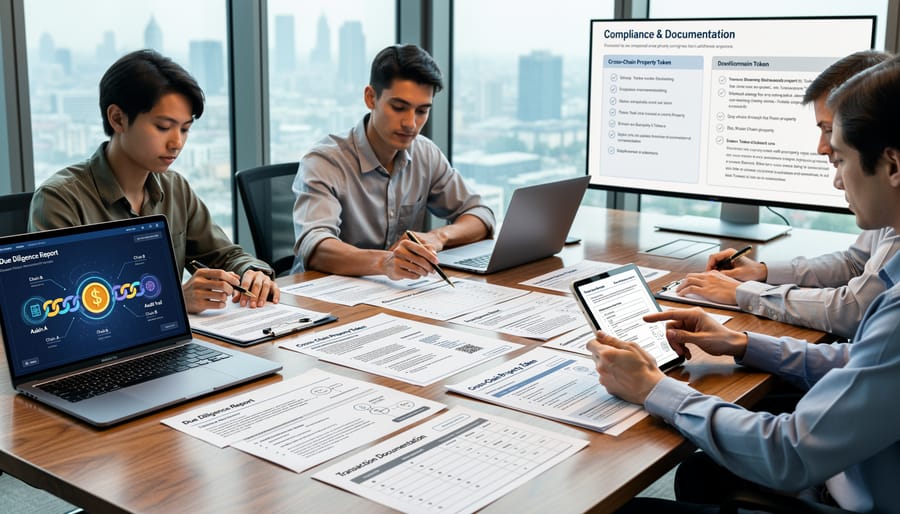 Fountain pen signing legal contract with tablet and magnifying glass representing real estate transaction due diligence