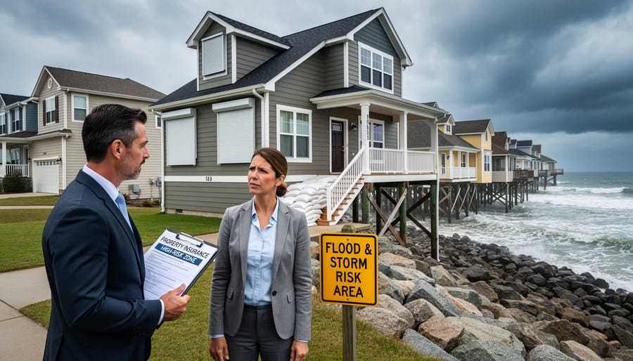 Multifamily residential building during severe weather with storm clouds overhead