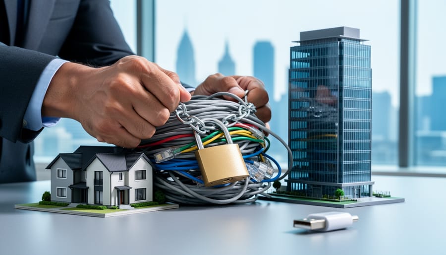 Hands of a professional struggle with padlocked, tangled data cables wrapped around scale model buildings, with a clean universal connector placed nearby on a desk in a modern office.