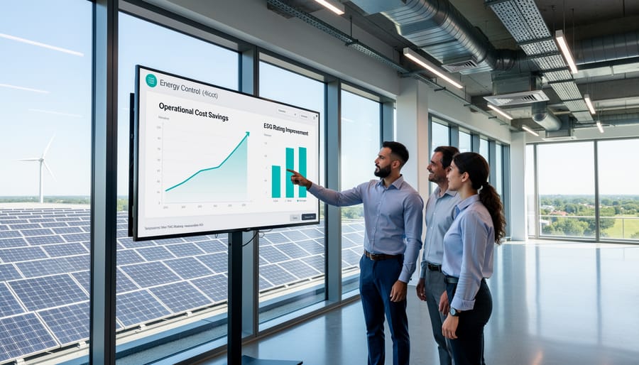 Commercial building rooftop with solar panels and modern HVAC energy management systems