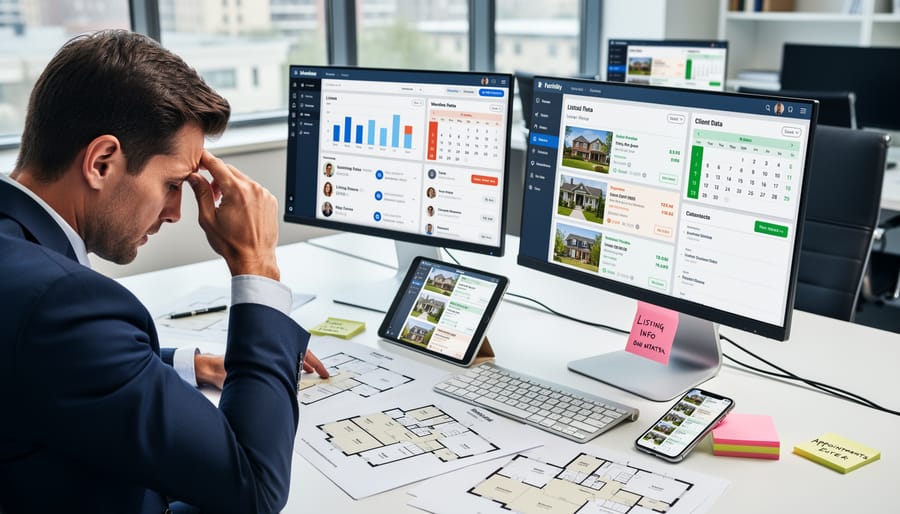 Real estate professional working with multiple incompatible software systems on different devices