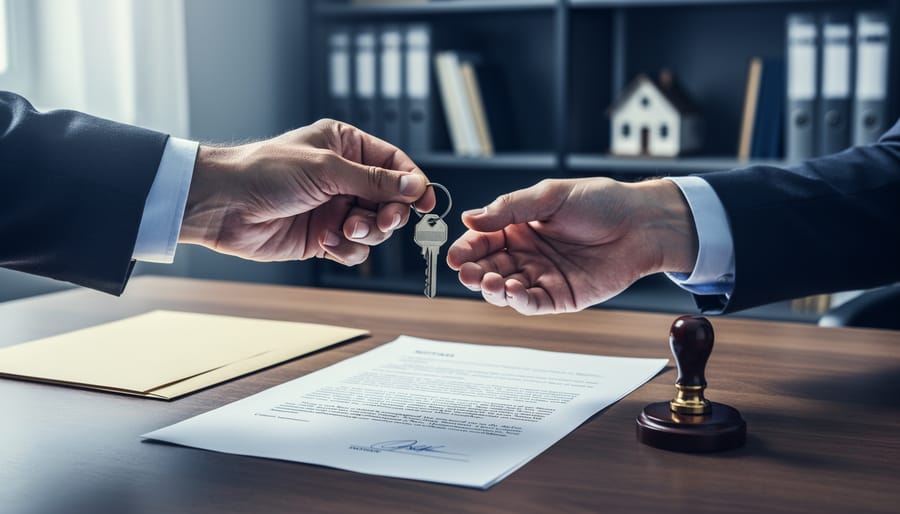 Close-up of two people exchanging a house key over an unsigned legal document with a notary seal stamp and folder on a wooden table; blurred law office shelves and a small house model in the background.