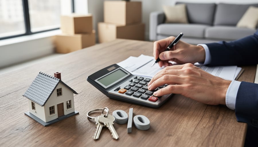 Hands of a homebuyer using a calculator beside house keys, a small house model, and a percent symbol on a wooden table, with moving boxes softly blurred in the background.
