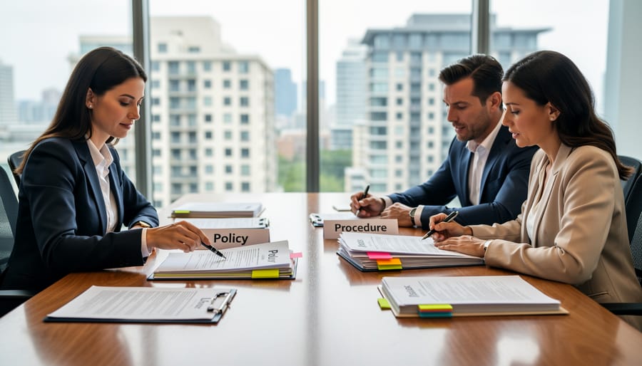 Real estate professional reviewing contract documents with homebuyers at table with house keys and model home
