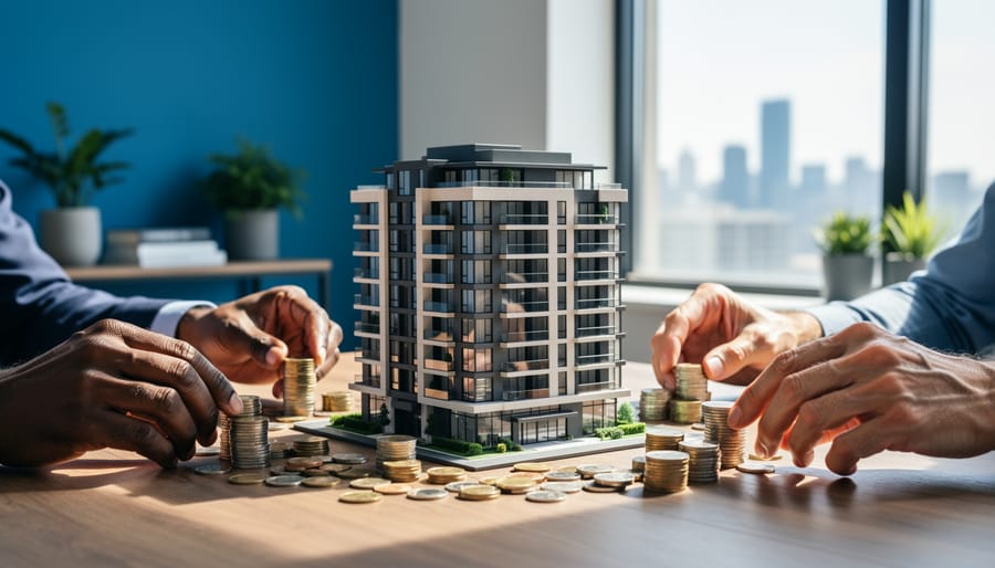 Diverse adult hands place small coin stacks around a scale model of a modern apartment building on a table, with a blurred city skyline and houseplants in soft natural light.