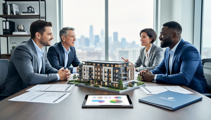 Real estate investor meeting with finance and insurance advisors around a conference table, focusing on a scale apartment building model with documents and a tablet, city skyline softly blurred in the background.