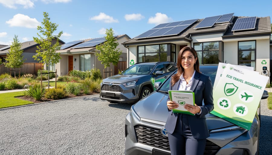 Real estate professional approaching sustainable eco-friendly property with green architecture features