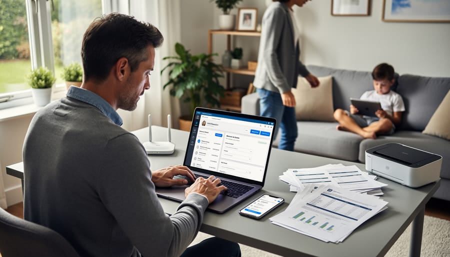 Insurance professional working remotely on laptop at home office with documents