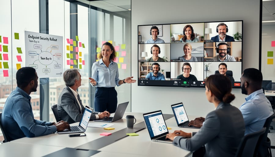 Insurance team members participating in video conference on laptop showing collaboration