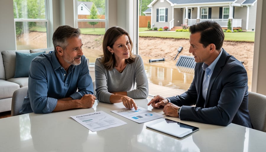 Couple reviewing flood insurance documents and policy information at home