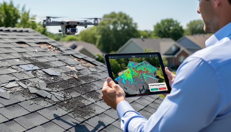 Close-up of storm-damaged roof shingles showing missing sections and exposed areas