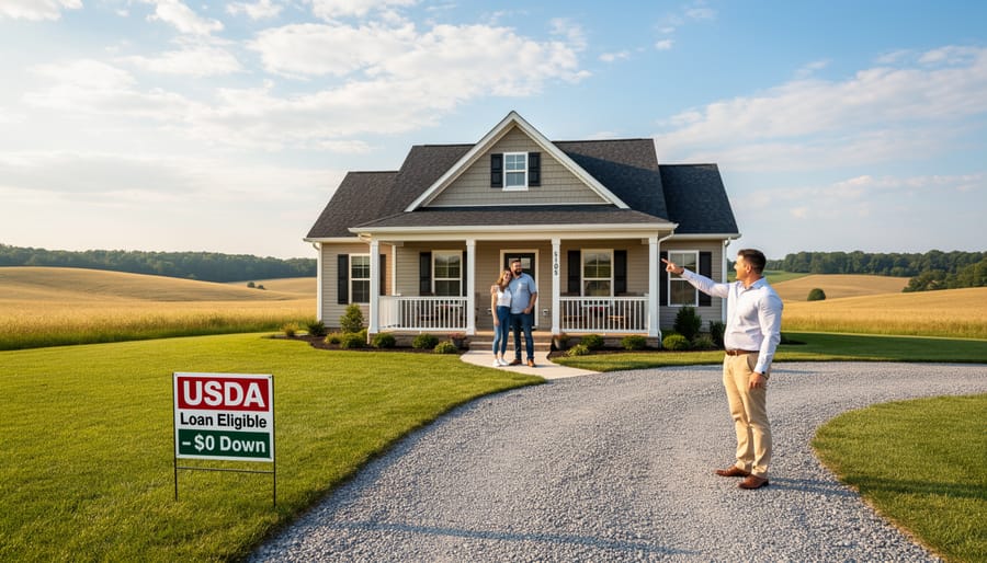 White farmhouse in rural setting surrounded by green fields under blue sky