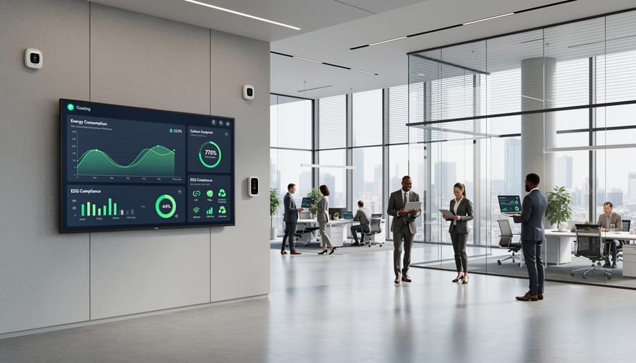 Modern commercial building with smart energy management systems and LED lighting at twilight