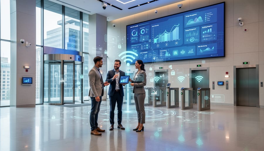 Modern smart building exterior showing IoT sensors and connected systems on commercial property facade