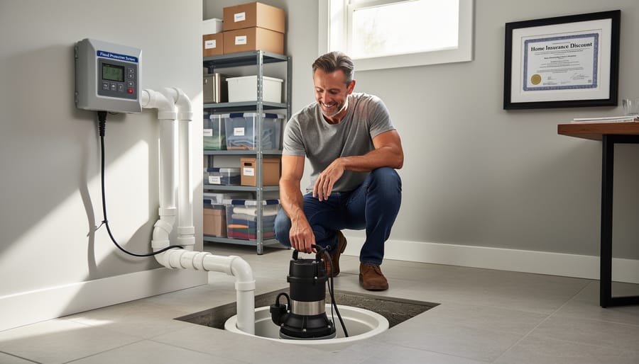 Homeowner installing basement sump pump for flood protection