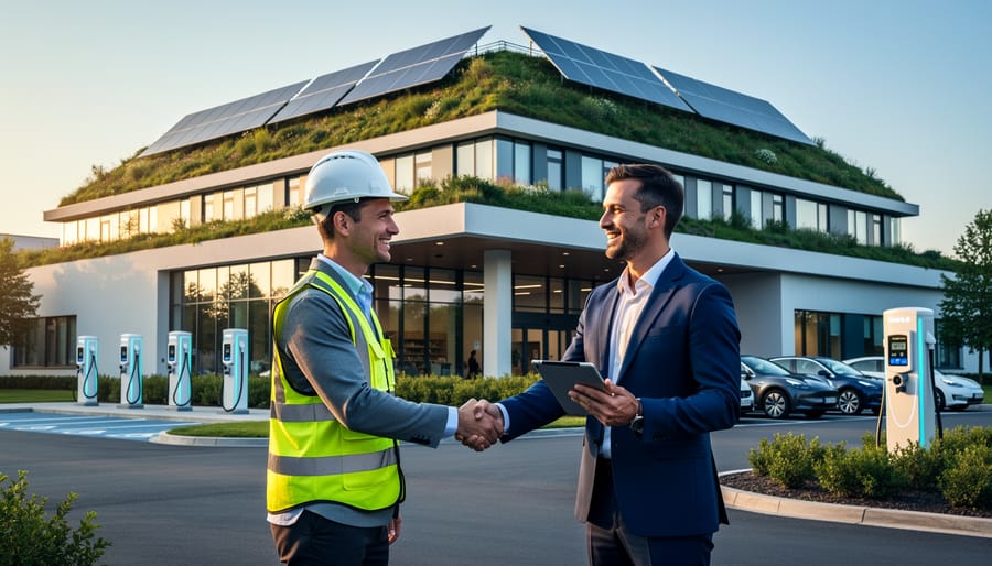 Facility manager and business professional shake hands outside a hospital with a green roof and rooftop solar panels at golden hour, with EV chargers in the background.