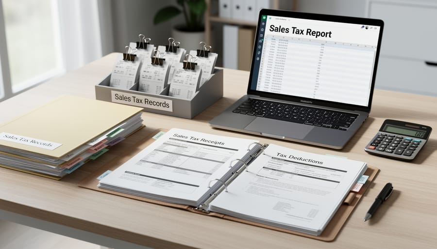 Organized home office with filing system and receipts for tax documentation