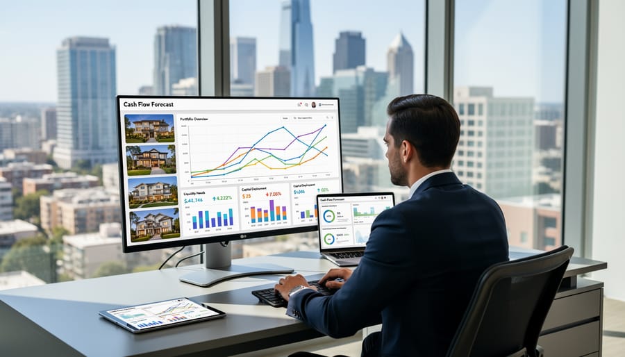 Person working on laptop with financial forecasting software for real estate portfolio management
