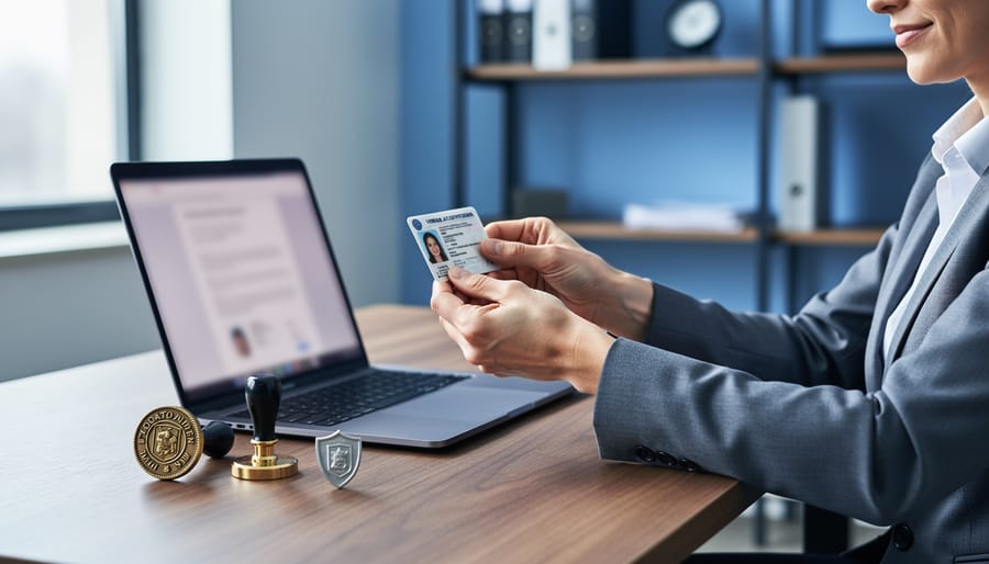 Remote online notary holding an ID card toward a laptop webcam, with a notary seal and small shield ornament on the desk, softly lit home office background blurred to suggest privacy.